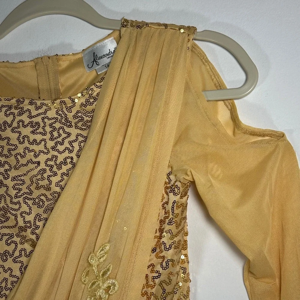Alexandra Collection Gold Sequin Dance Romper One Sleeve Costume Girls 14